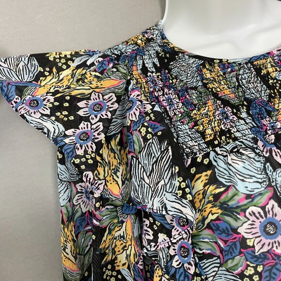 Floral Blouse Sheer Long Sleeve FLAWED Shirred Smocked Ruffles Blue Long Sleeve - Picture 10 of 15